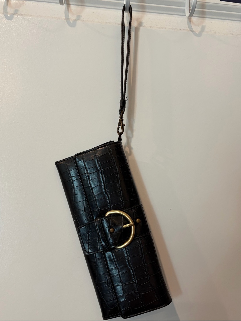 Black Croc-Embossed Wristlet Clutch with Gold Ring Accent